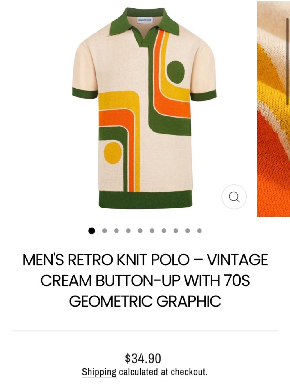 Men's Cream Knit Polo with Green, Orange & Yellow Retro Graphic